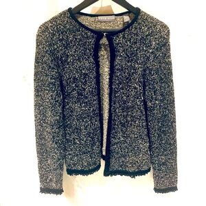 KATE HILL Classic Wool Knit Collarless Cardigan, Blazer, black and gray